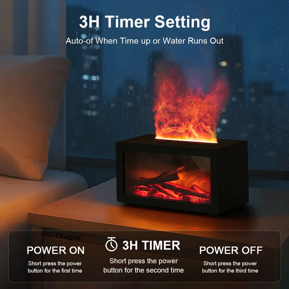 Smart tabletop electric fireplace humidifier with timer setting on wooden table, cozy indoor scene.