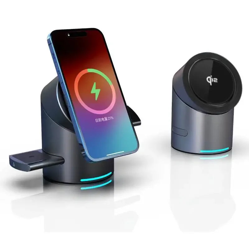 Magnetic wireless car charger with phone mounted, LED base, and USB adapter slot