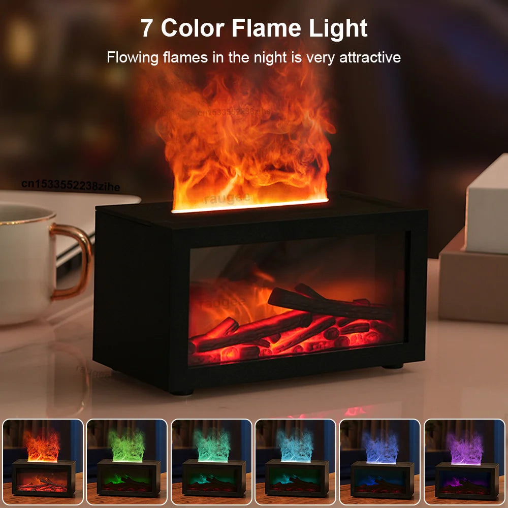 Seven color LED flame light in a black rectangular box, simulating a mini fireplace with realistic glowing flames.
