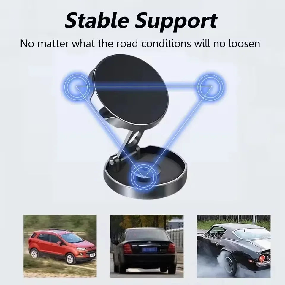 Magnetic car phone holder with stable support diagram, suitable for various road conditions.