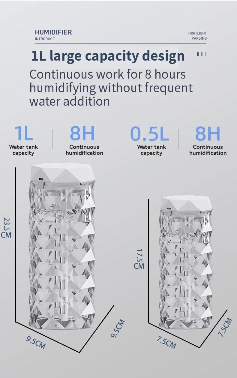 Crystal design humidifiers with 1L and 0.5L water tanks, dimensions and 8-hour run time.