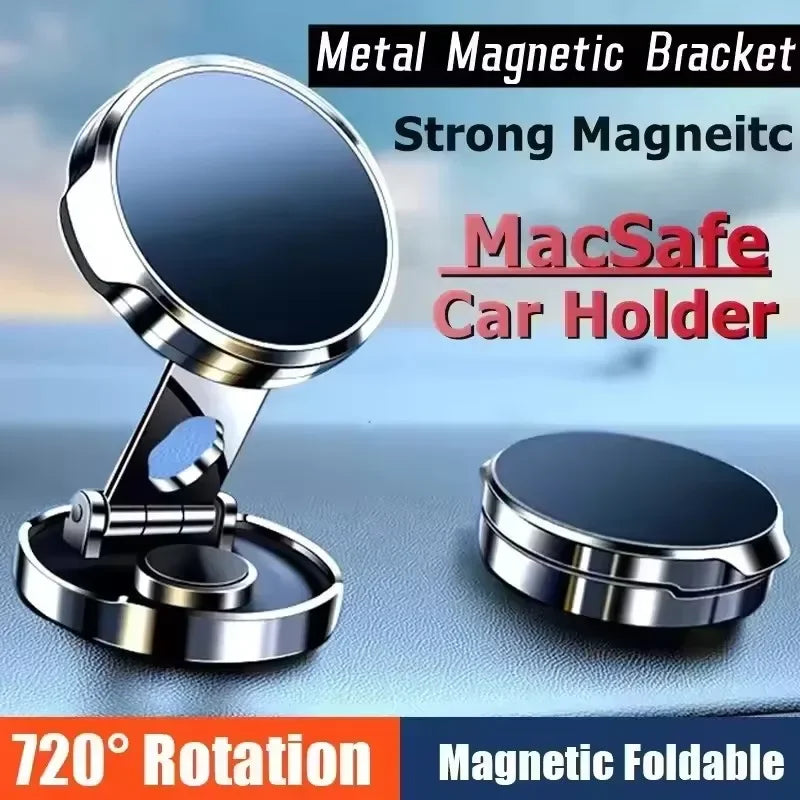 Metal magnetic car phone holder with 720° rotation and foldable magnetic design.