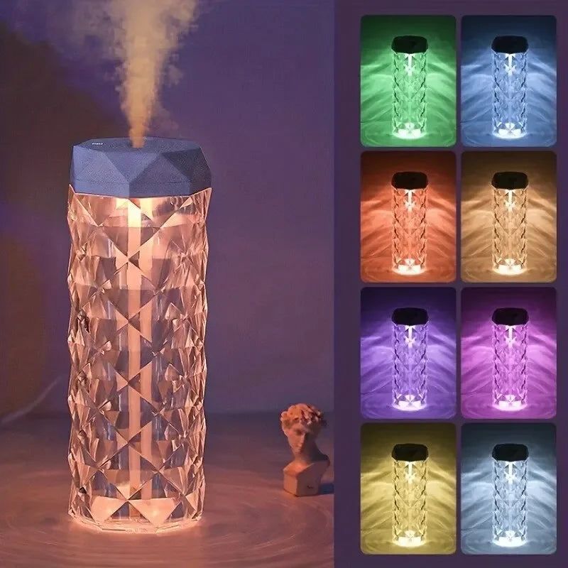 Crystal design LED diffuser humidifier with color changing lights, emitting mist, modern home gadget.