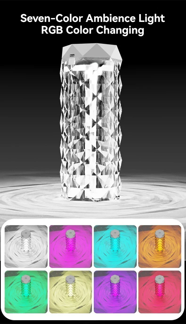 Crystal RGB ambience lamp with seven color changing LED lights, modern decorative lighting.