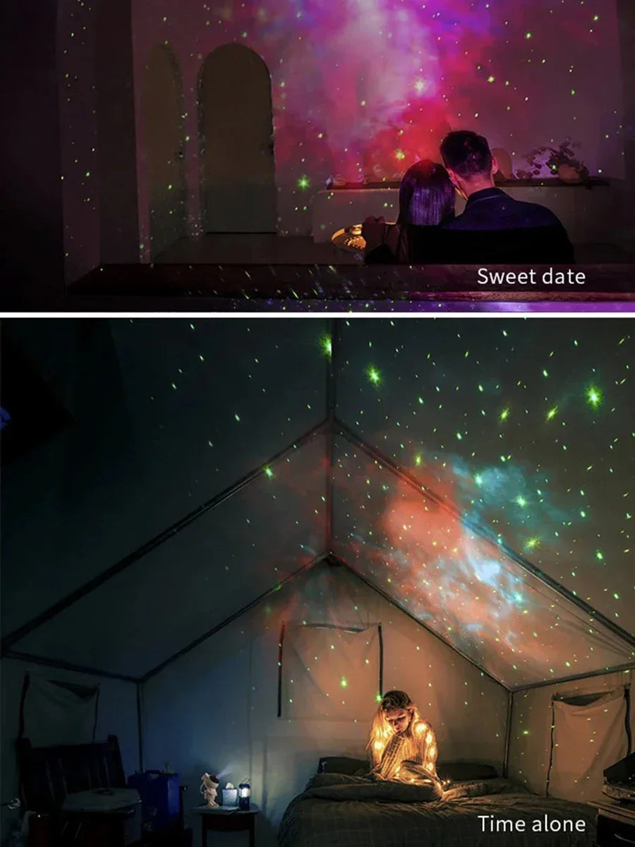 Galaxy projector light creating colorful star effects in a bedroom and tent for ambiance.